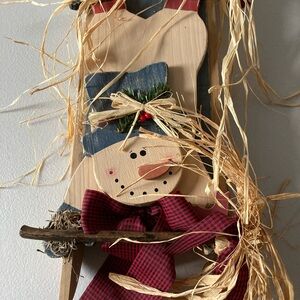Christmas Winter Wall Decoration Snowman on Wooden Sled Hanging Hook 17” Tall